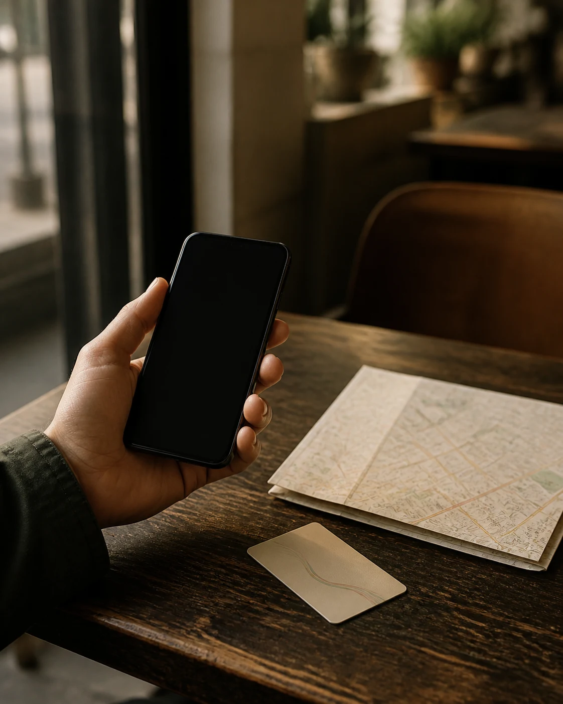 A traveller preparing their phone, transit card and map at a café table in China.