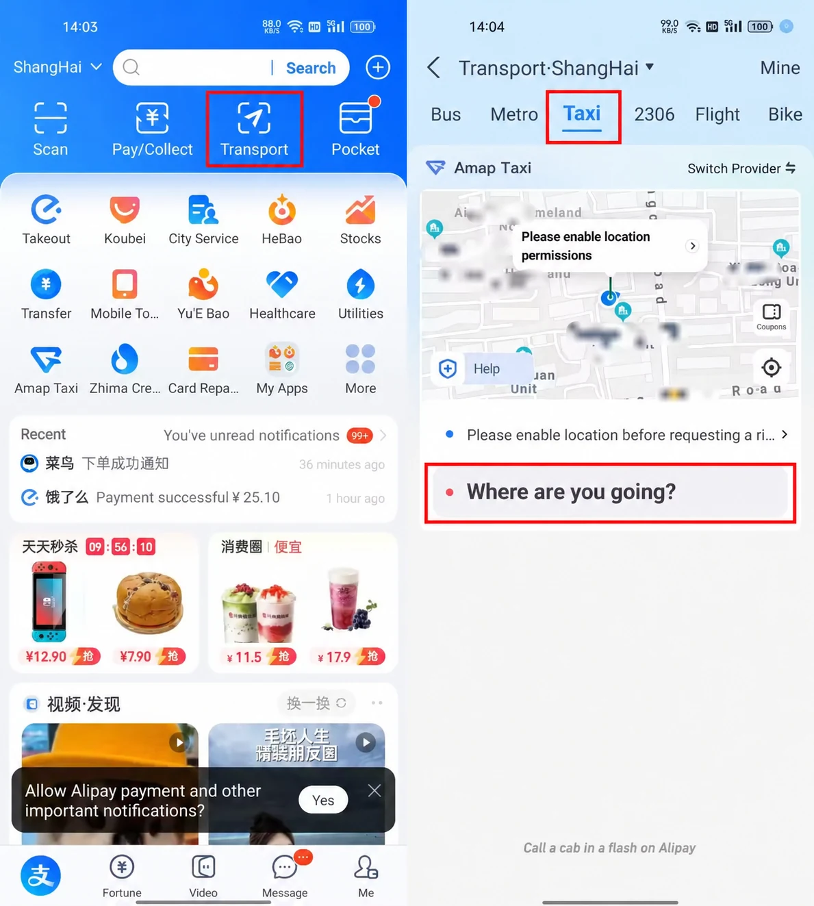 Acceso a Transport y Taxi en Alipay, con Amap Taxi y la opción Switch Provider en pantalla.