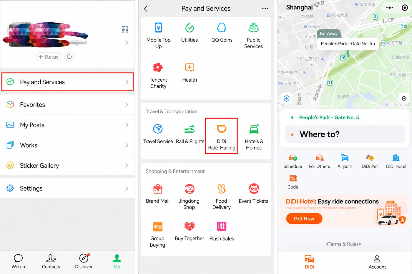 Pantallas de WeChat Pay y Services con la opción DiDi Ride-Hailing.