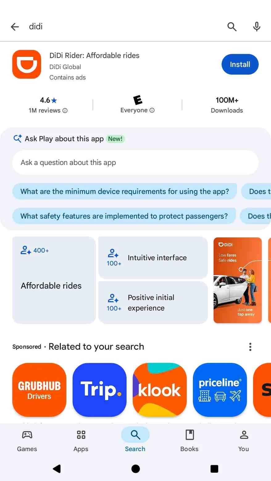 Ficha de Google Play de la aplicación internacional DiDi Rider, distinta de DiDi China.