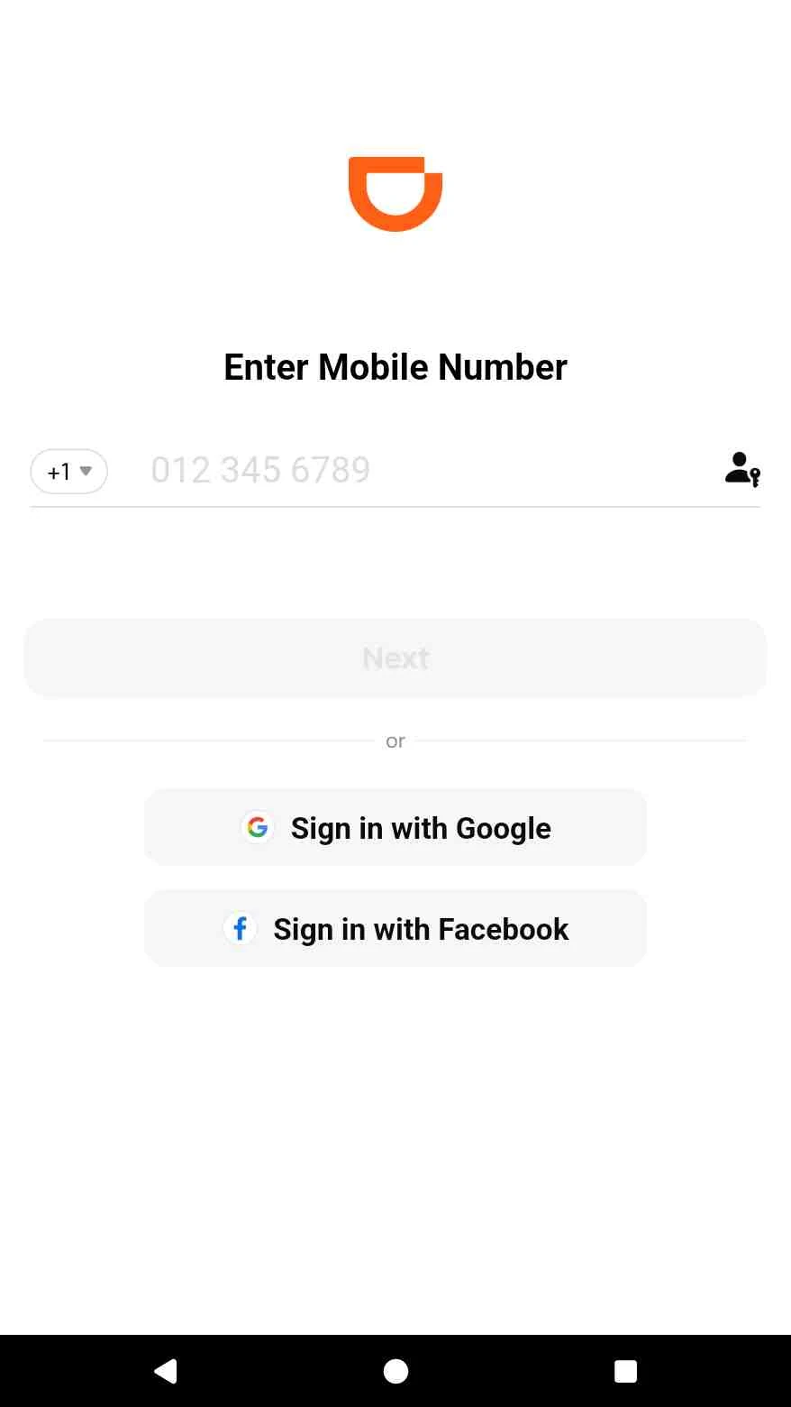 Pantalla de inicio de sesión con número de móvil de la aplicación internacional DiDi Rider.