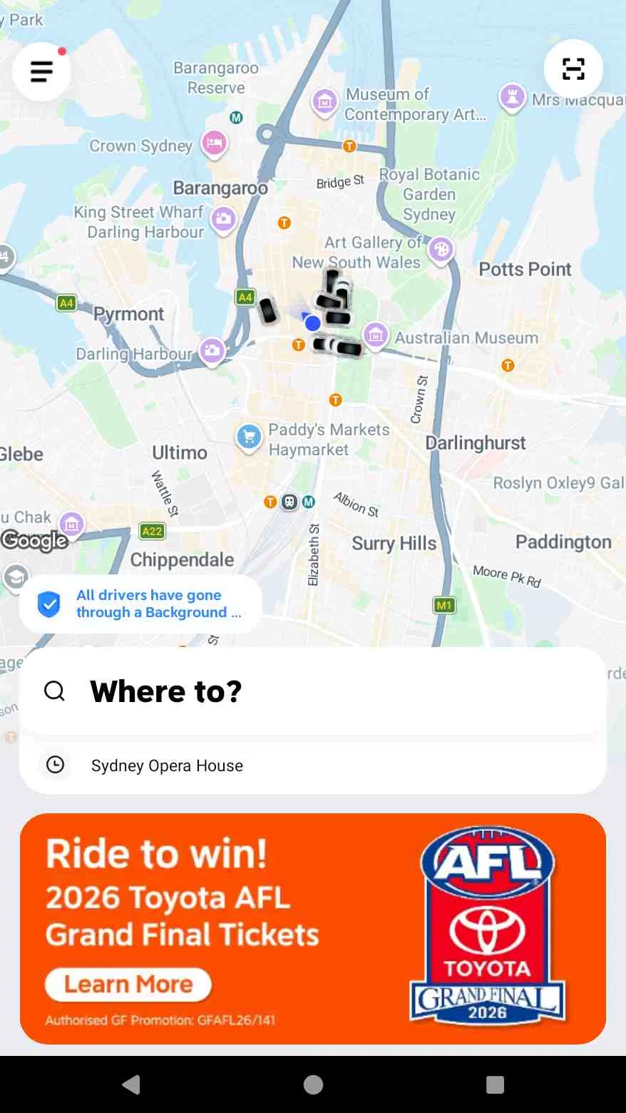 Pantalla de inicio de la app internacional DiDi Rider con el mapa centrado en Sídney.