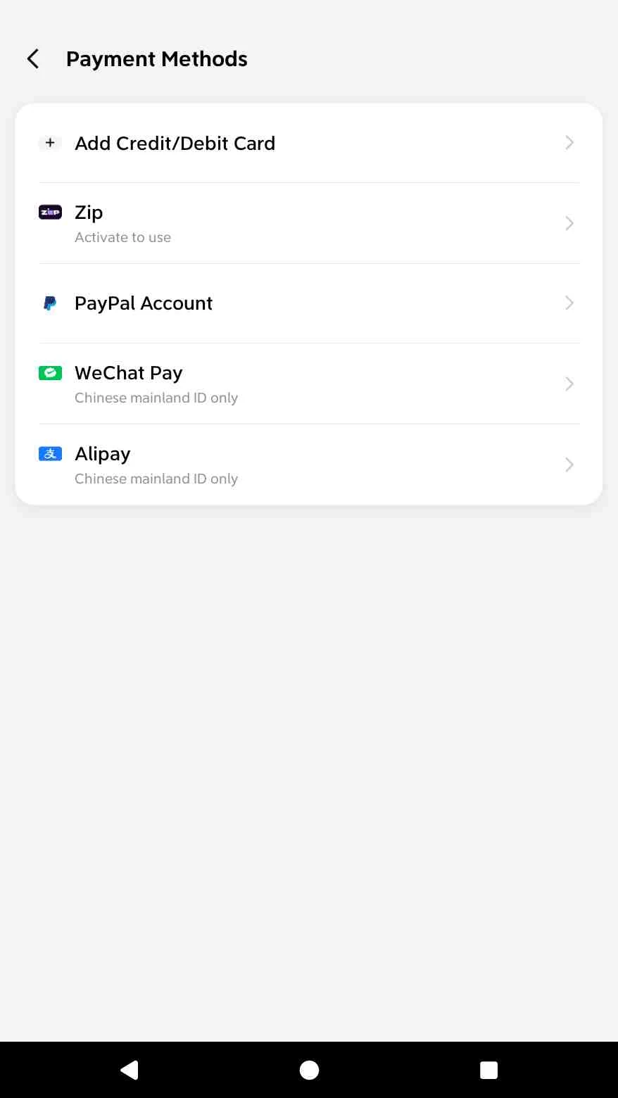 Métodos de pago disponibles en la aplicación DiDi Rider de Australia.