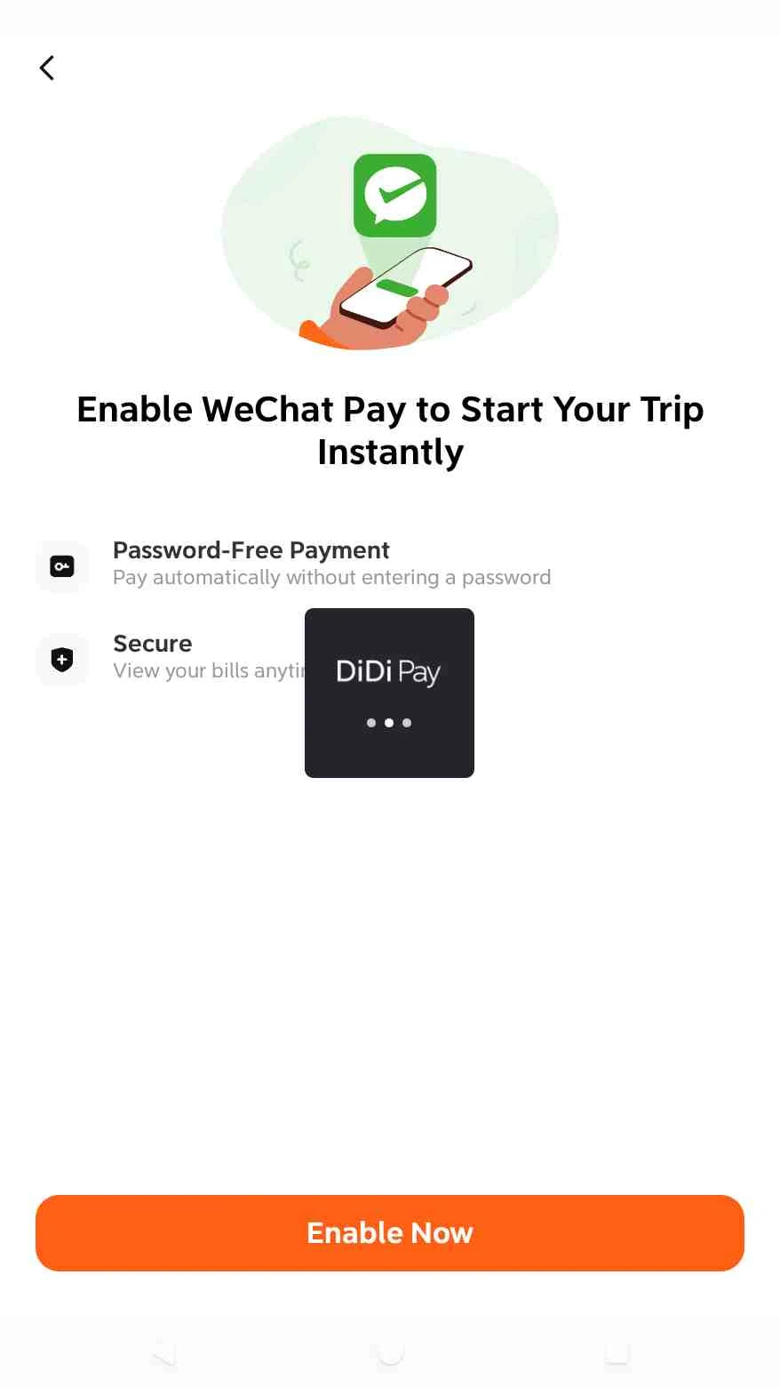 Pantalla introductoria de autorización de WeChat Pay en DiDi en Australia.