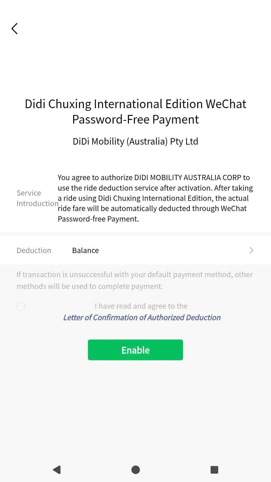 Acuerdo de pagos sin contraseña de WeChat para DiDi Mobility Australia.