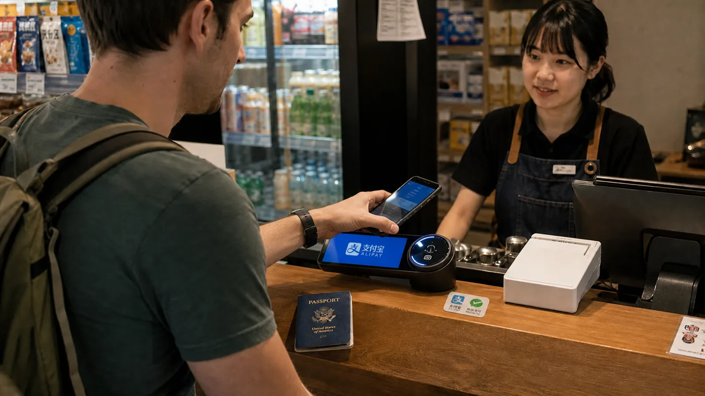 Visitante extranjero pagando con Alipay en la caja atendida de una tienda de conveniencia en China