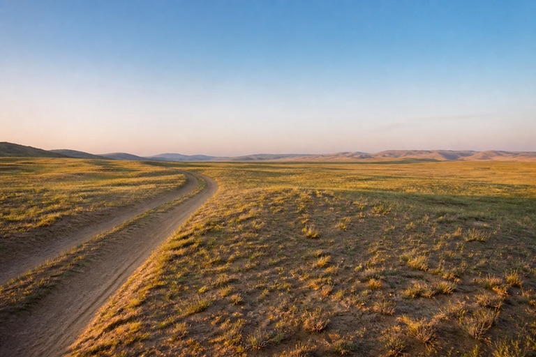 An editorial landscape of grassland and distant sand dunes in Inner Mongolia at dawn