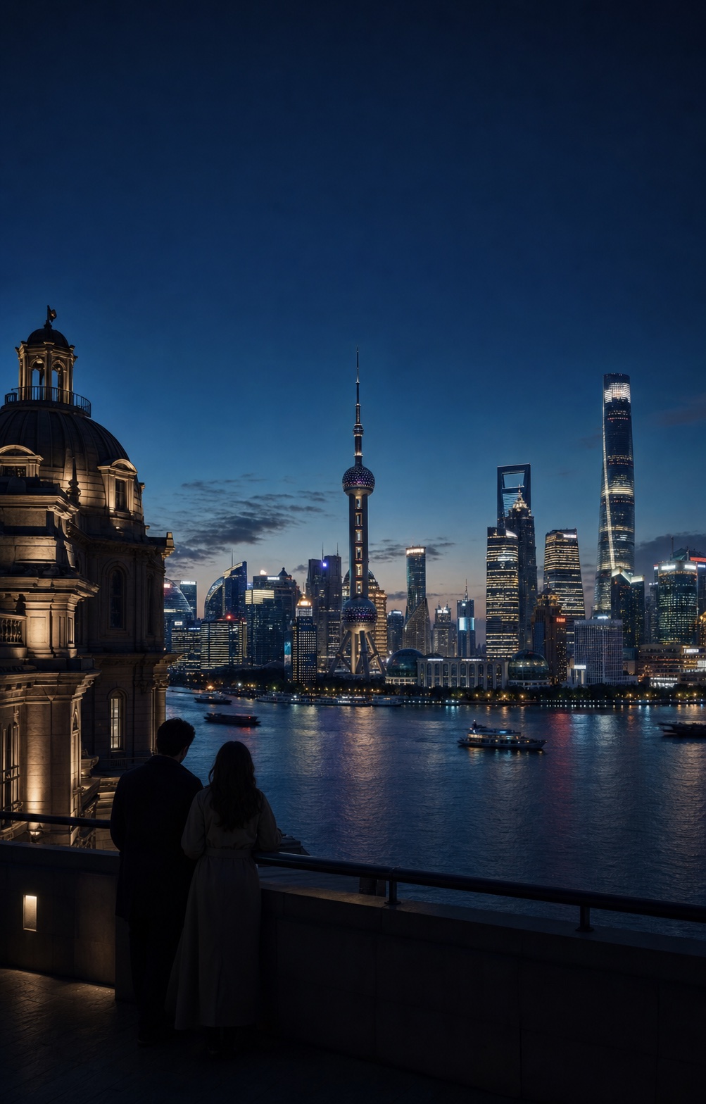 Viajeros contemplan el horizonte de Shanghái al otro lado del río Huangpu por la noche.